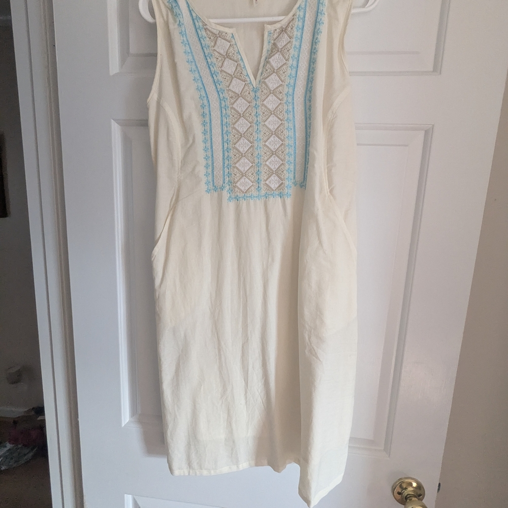 Cream Sleeveless Dress with Blue Embroidery